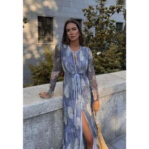 Zara Collection Women S Floral Kimono Maxi Dress Muted Pleated Sheer Beach Rare